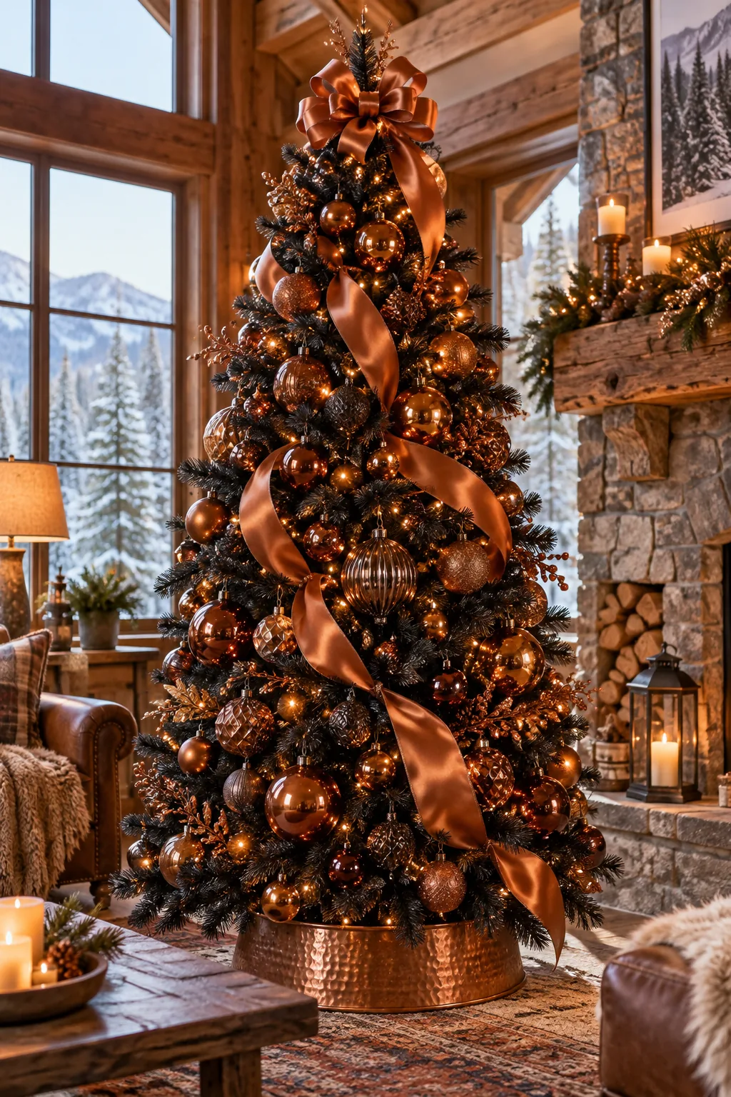 Black Christmas tree decorated with wide copper ribbon and bronze ornaments in a cabin setting.