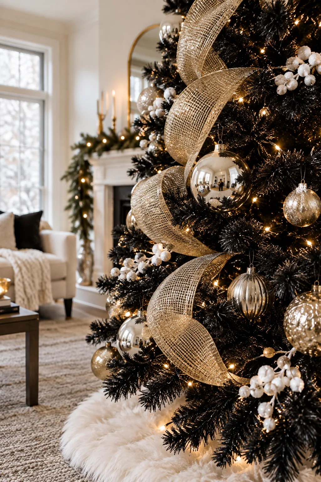 Large mirrored silver ornament tucked deeply inside dark pine needles, reflecting warm fairy lights.