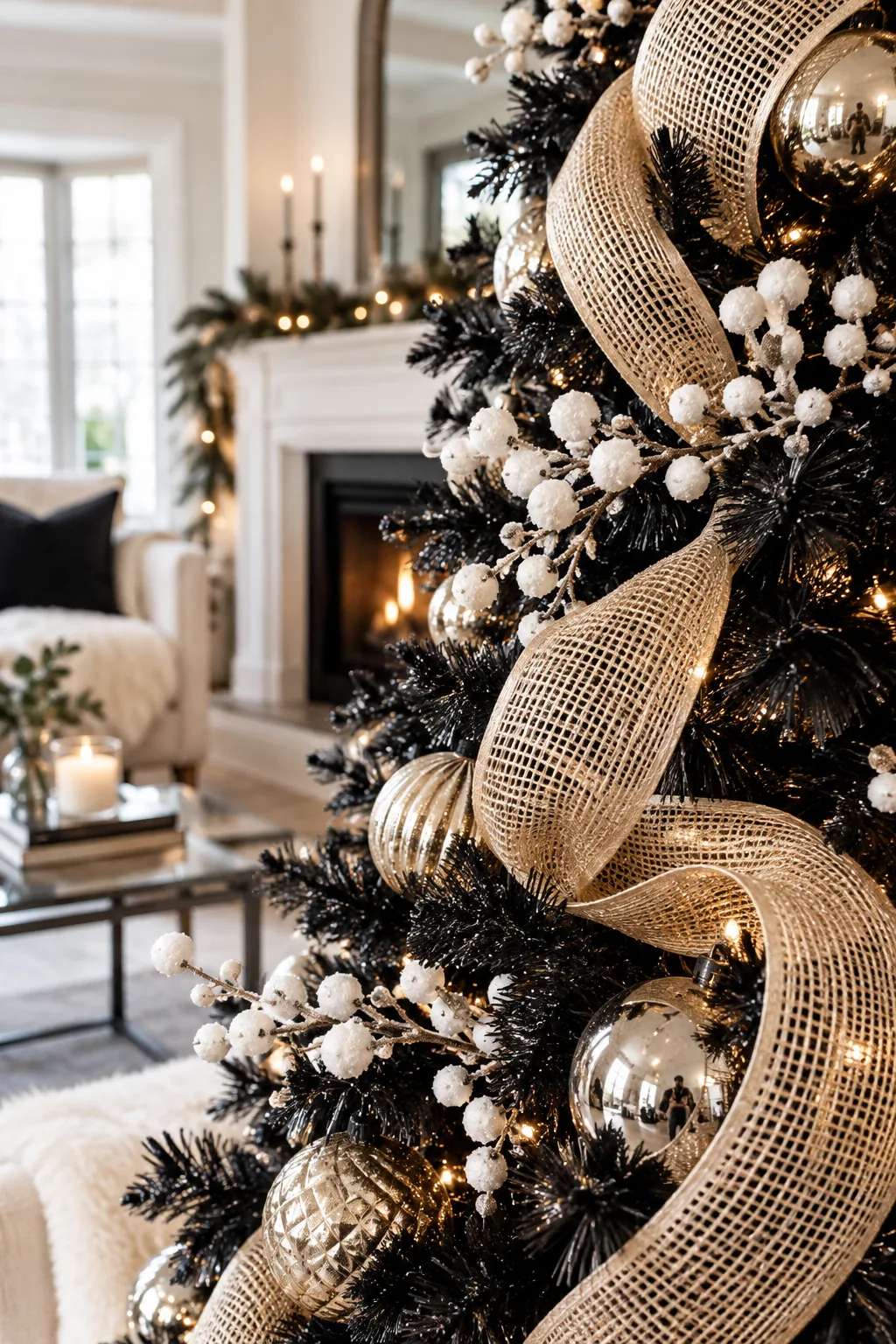 Wide champagne gold mesh ribbon tucked and looped down the side of a decorated black tree.