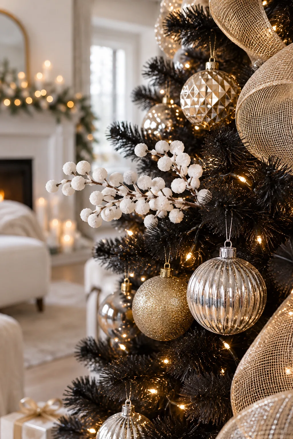 White frosted berry pick extending outward from a black branch, contrasting sharply with the dark background.