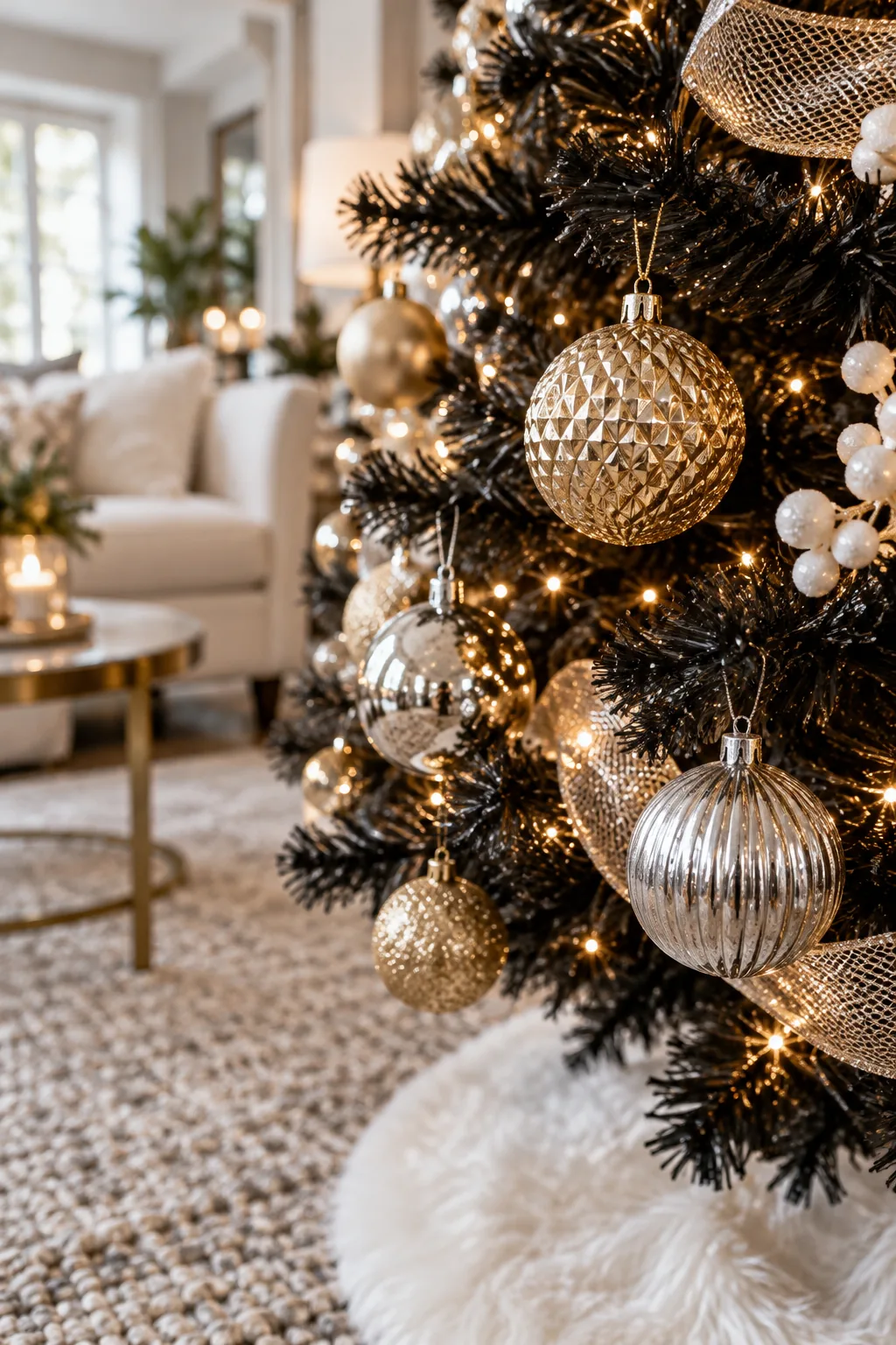 Mix of textured gold and ribbed silver ornaments hanging on the outer tips of a black Christmas tree.