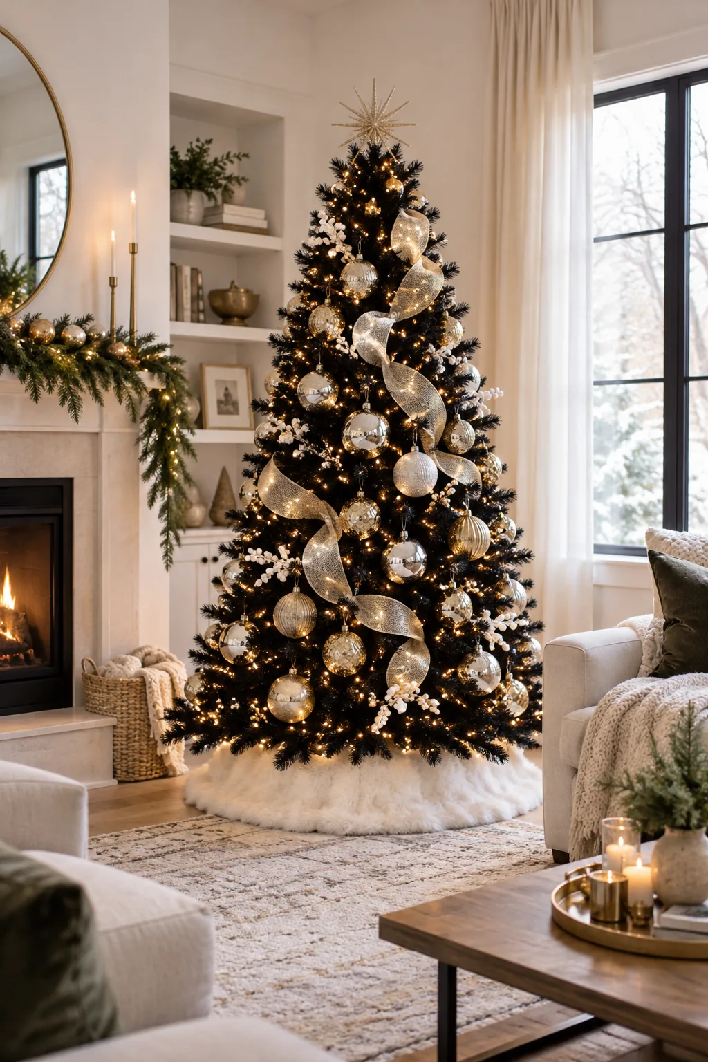 Plush white faux fur tree collar wrapping the base of a glowing black Christmas tree on a textured rug.