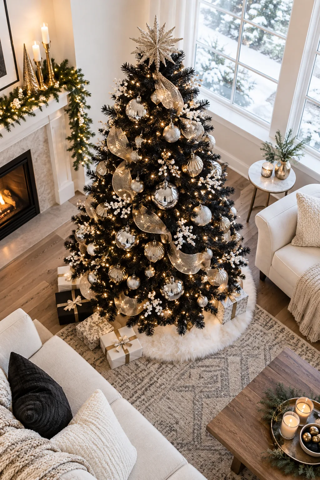 Fully decorated black Christmas tree glowing in a bright, modern living room with neutral furniture.