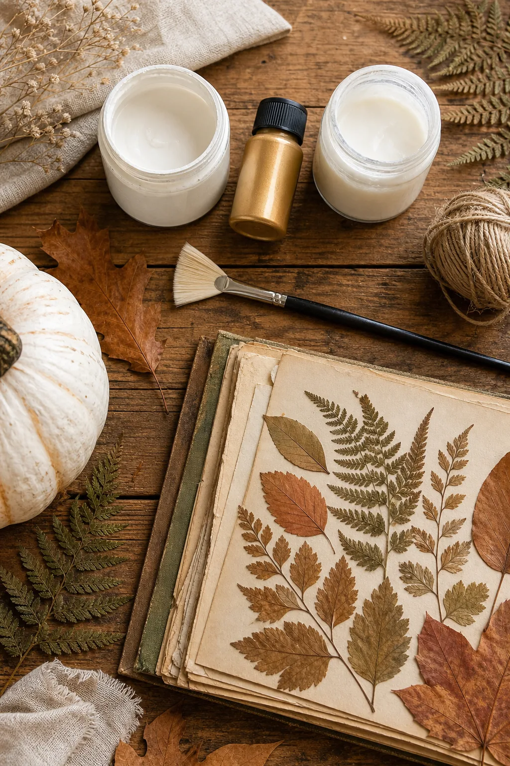 Overhead view of craft supplies including white paint, gold paint, decoupage medium, brushes, and pressed leaves on a wooden table.