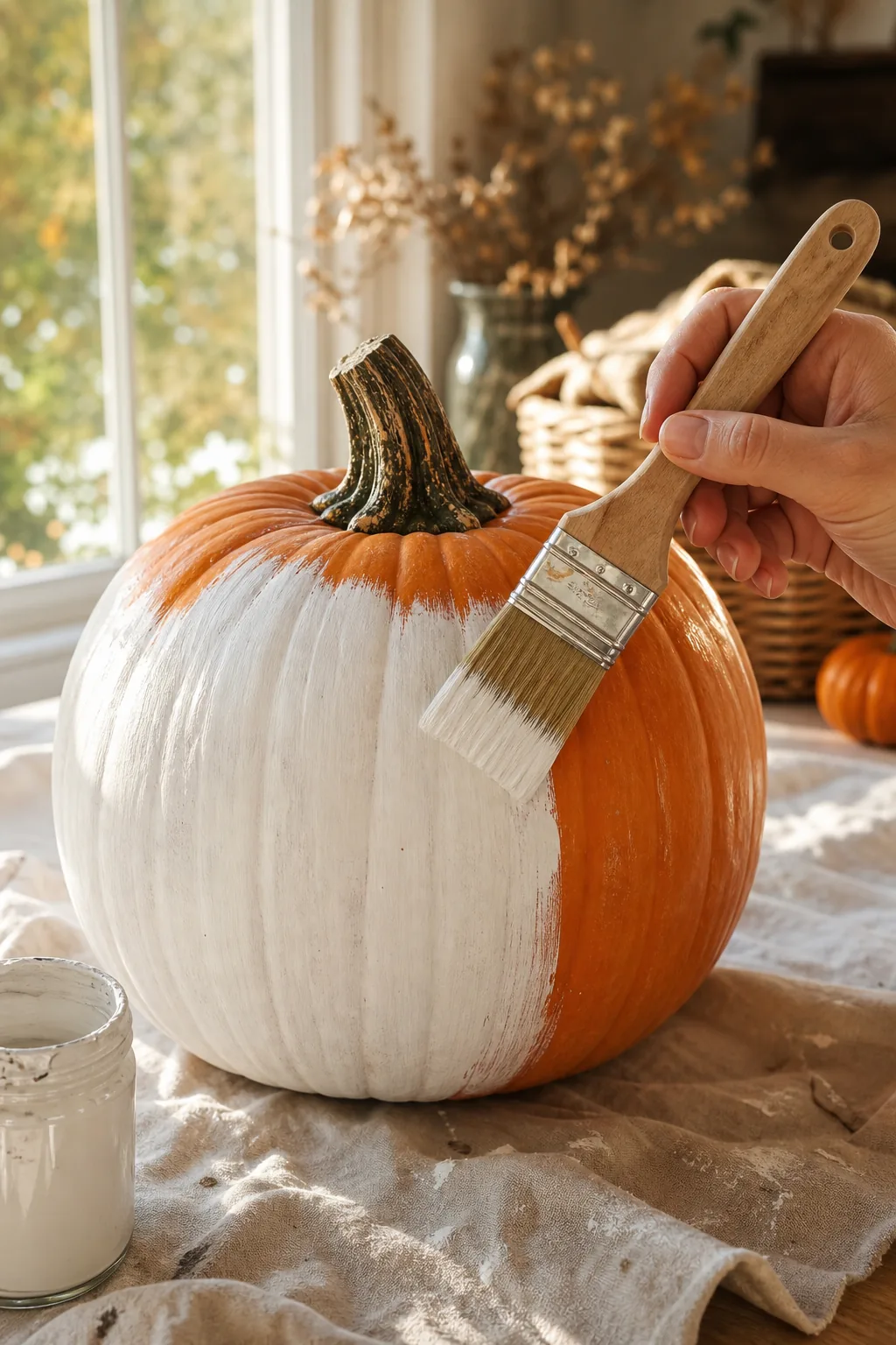 A hand using a wide brush to paint a large orange pumpkin with matte white chalk paint.