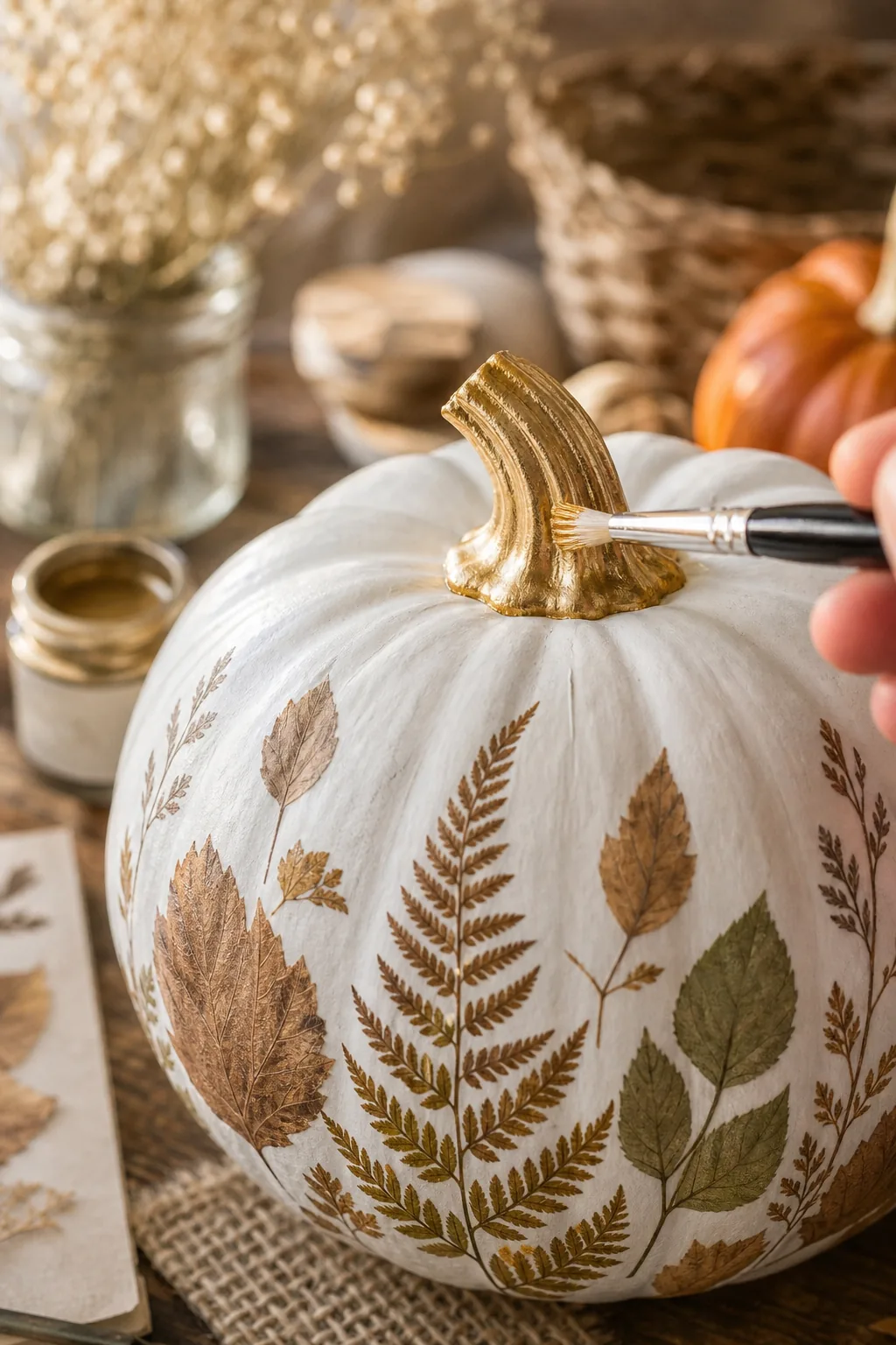 Close-up of a small paintbrush applying metallic gold paint to the stem of a white pumpkin.
