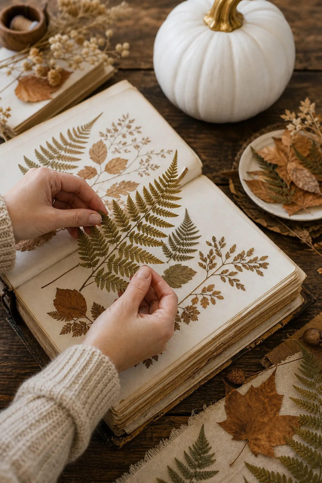 Hands carefully removing dried, pressed ferns and leaves from the pages of a vintage book.