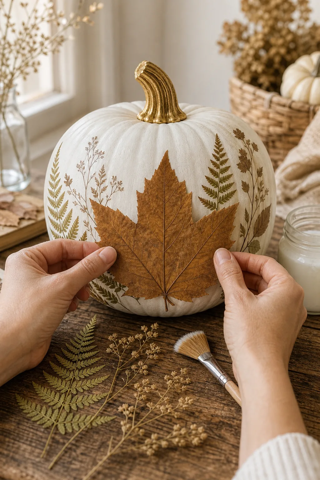 A large pressed leaf being positioned on the front center of a white painted pumpkin.