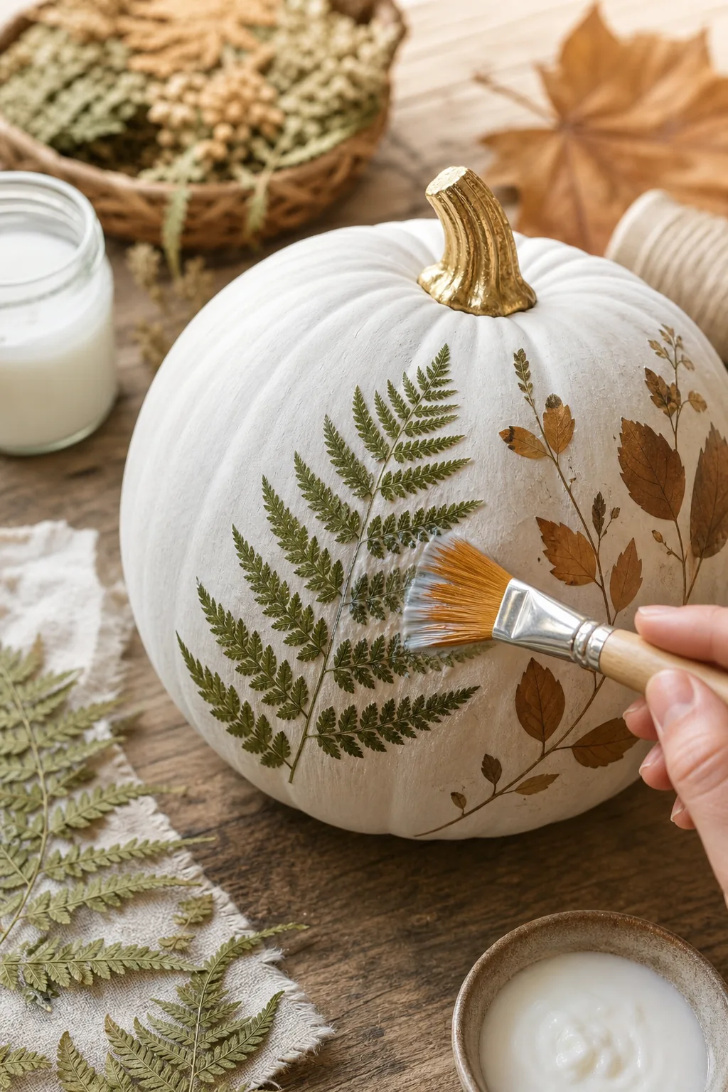 A soft brush applying matte decoupage medium over a pressed fern on a white pumpkin.
