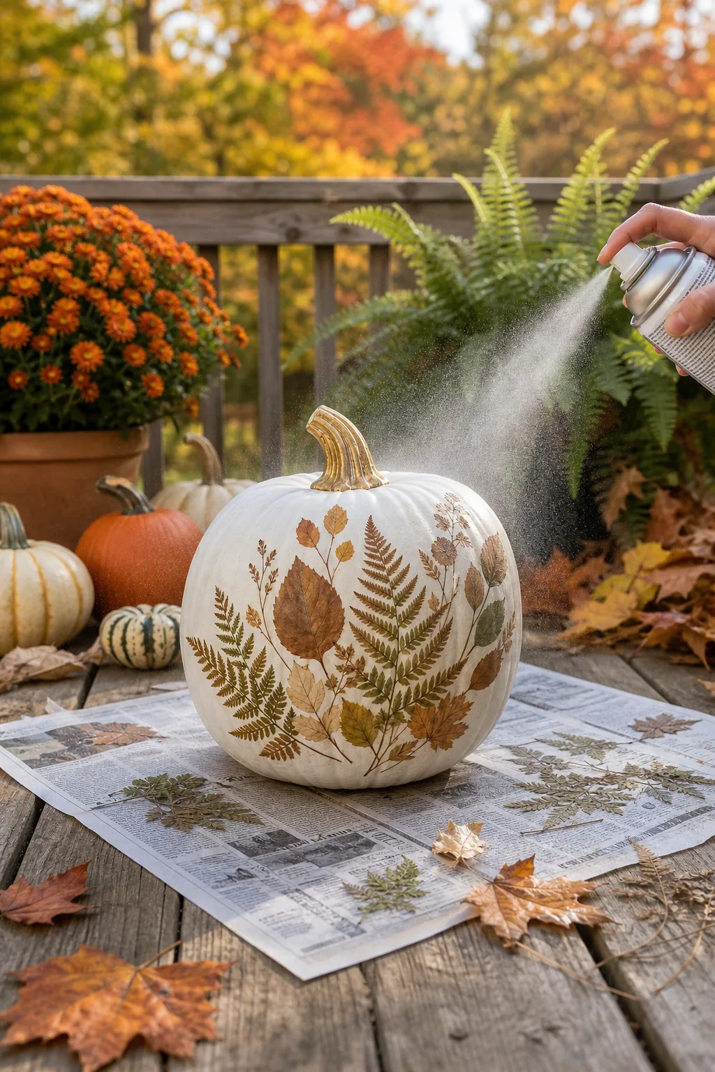 Clear acrylic sealer being sprayed over a leaf-decorated white pumpkin outdoors.