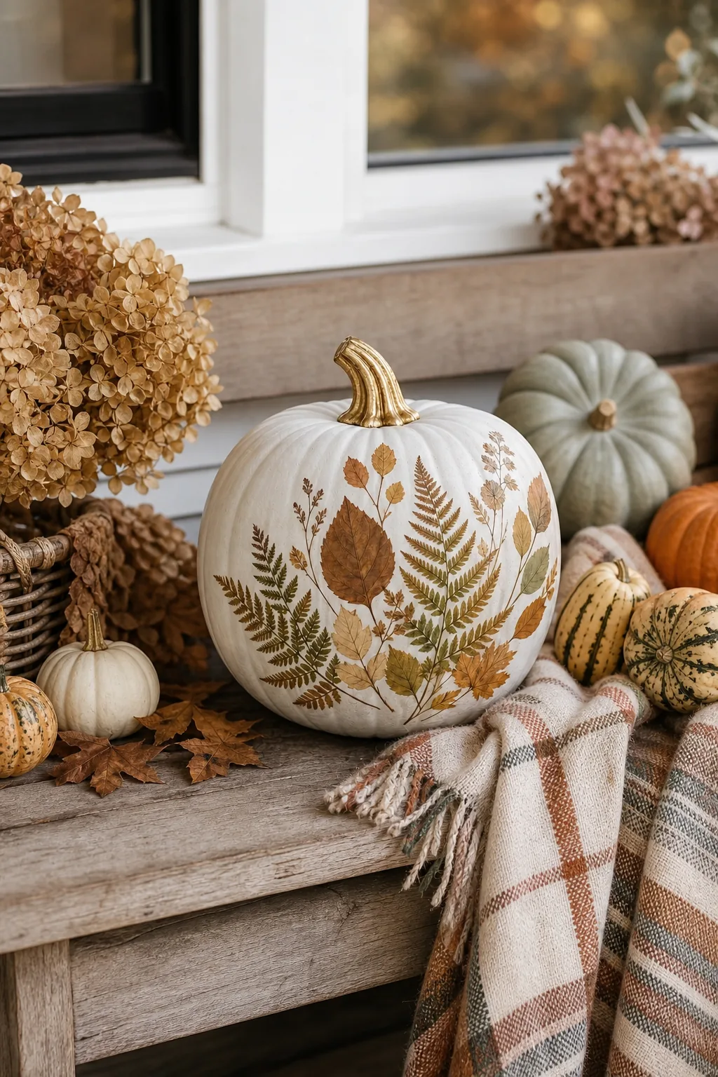 A finished white pumpkin decorated with pressed leaves sitting on a covered porch bench with a plaid blanket.