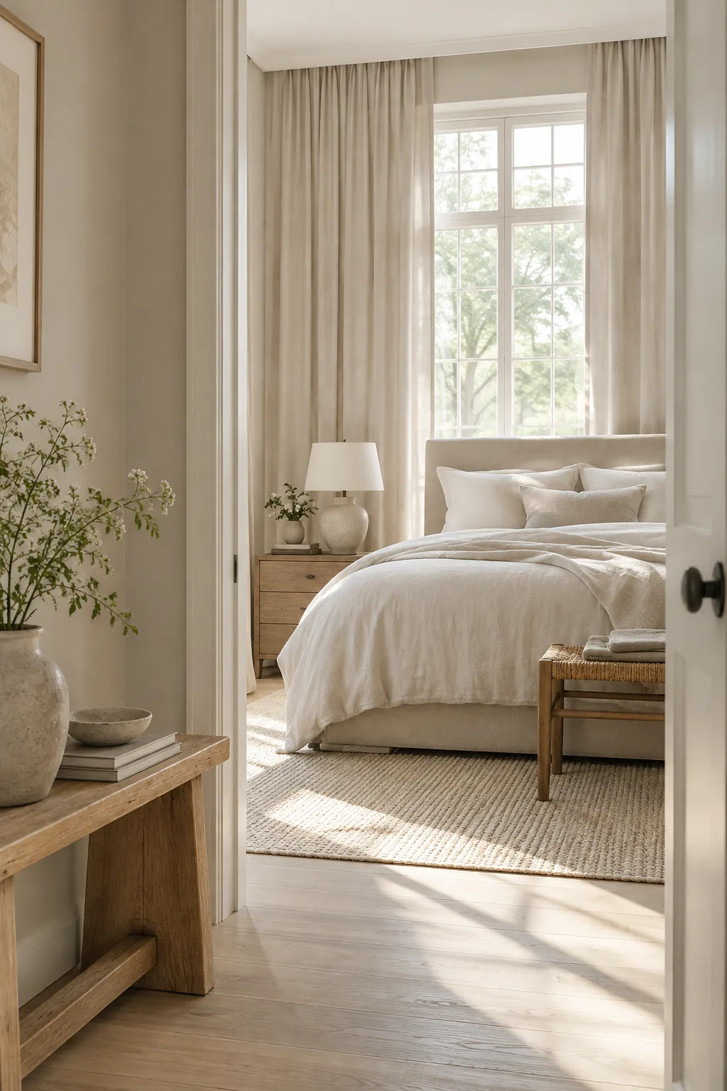 Floor to ceiling beige curtains matching a beige living room wall