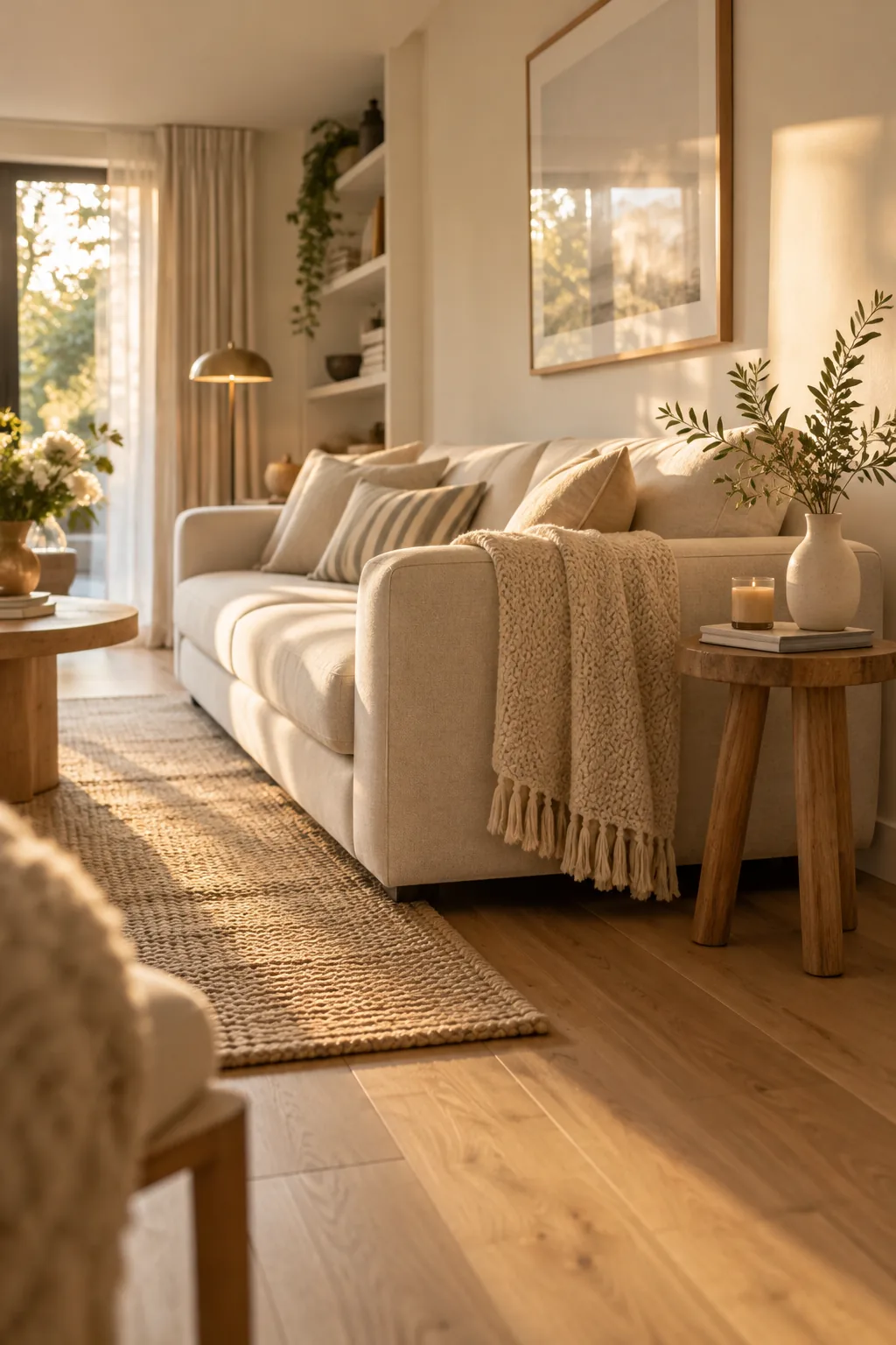 Small living room with a sofa pulled slightly away from the wall