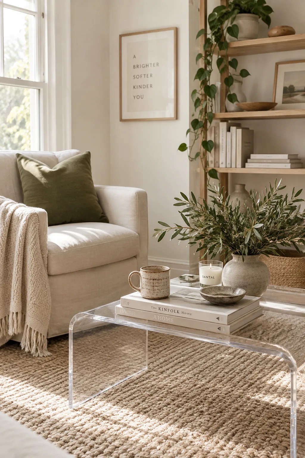 Clear acrylic coffee table in a compact living room