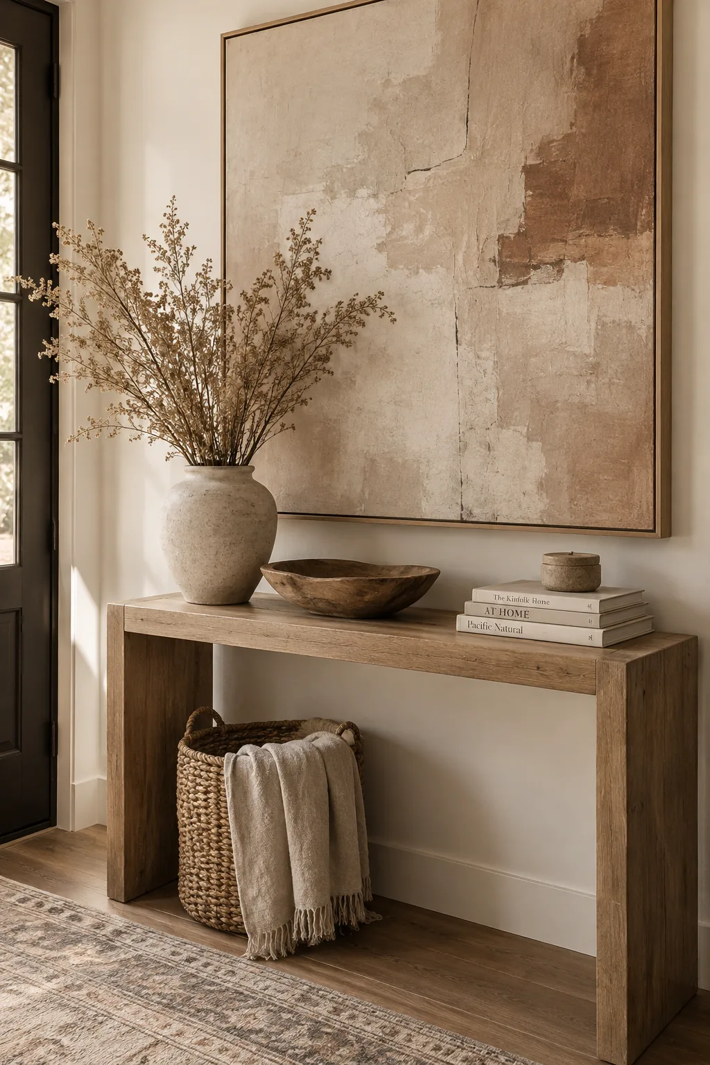 Large abstract canvas art hung above a small sofa