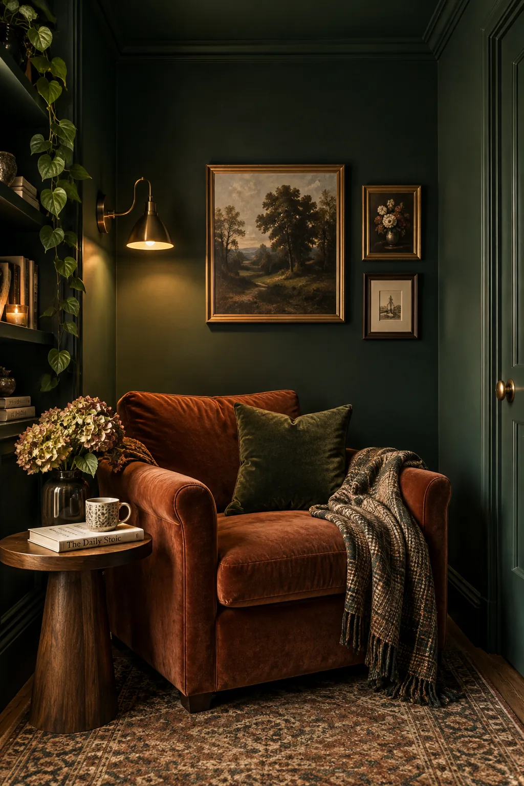 Small bedroom painted entirely in dark navy blue including the ceiling