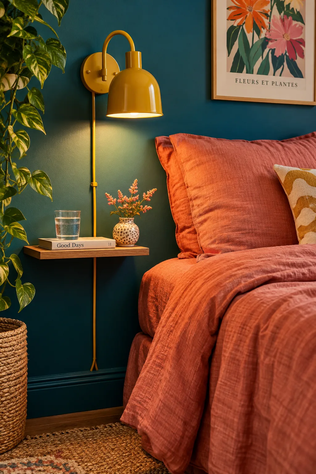 Brass plug-in wall sconce mounted above a small wooden nightstand