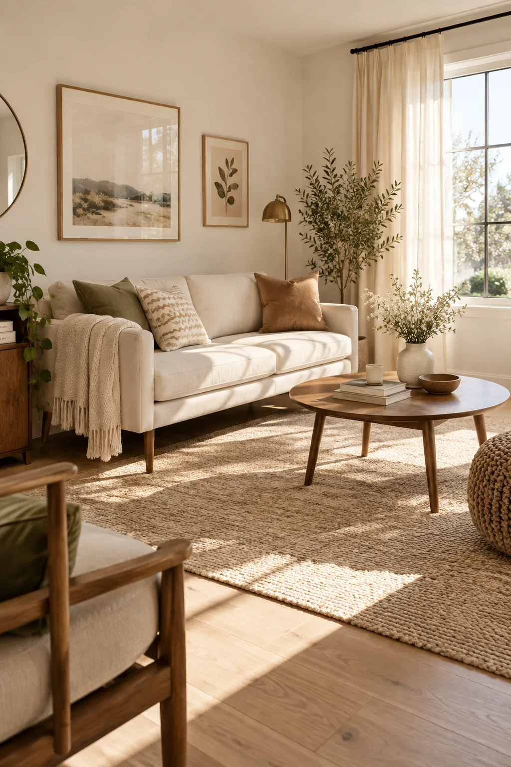 Mid-century modern sofa with exposed wooden legs in a bright room