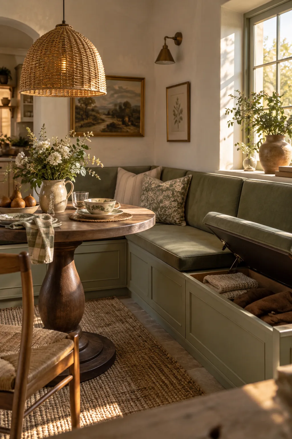 Built-in dining banquette with drawers underneath the seating