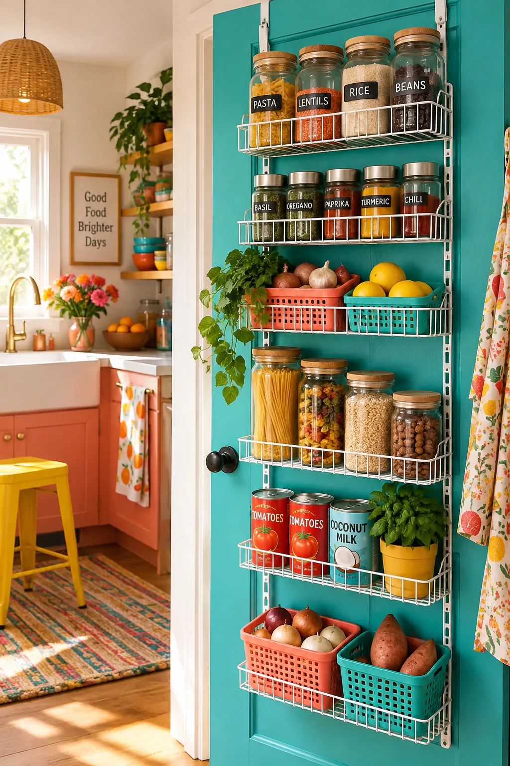 Over-the-door wire shelving rack holding pantry items on a white door