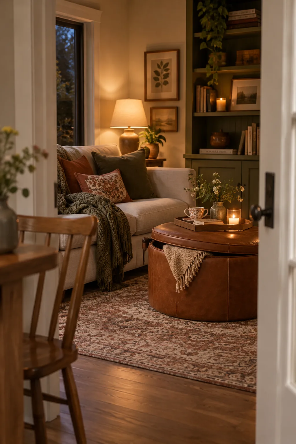 Round tufted storage ottoman used as a coffee table