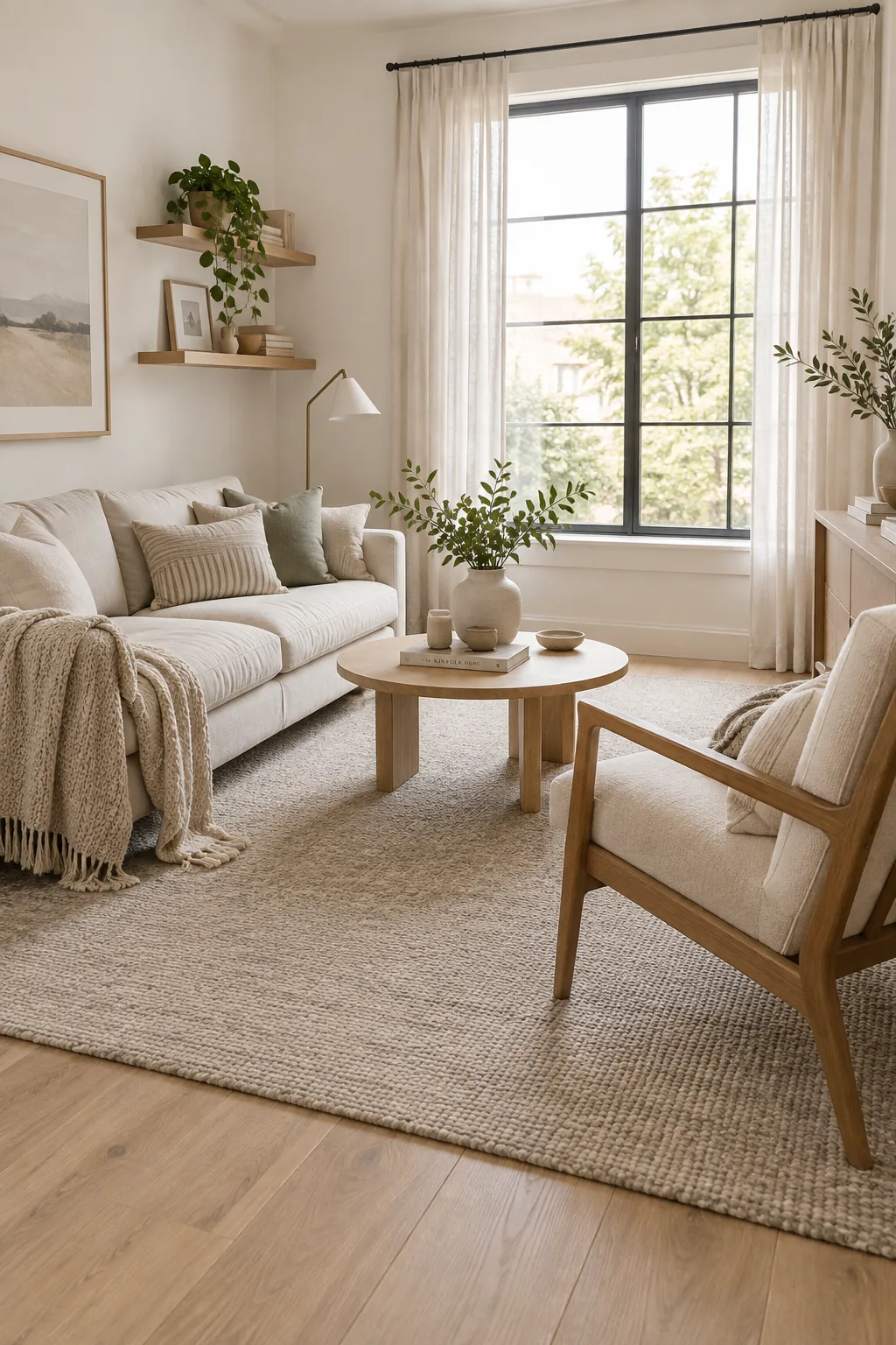Large vintage area rug placed under the front legs of a sofa and chairs