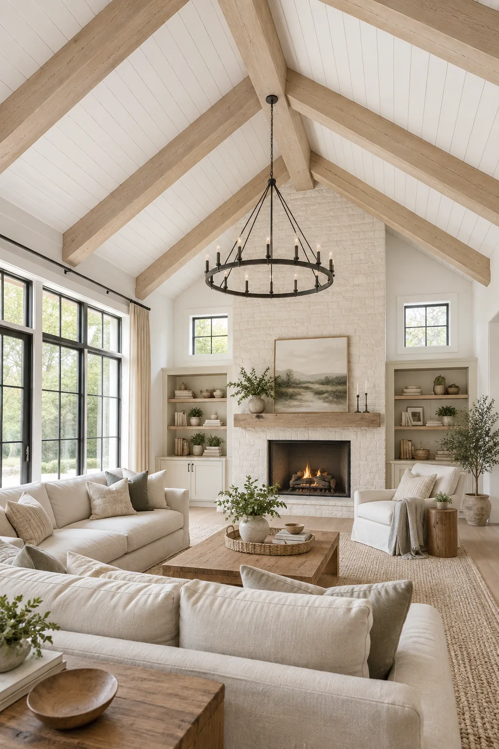 Pale white oak faux beams on a vaulted white shiplap ceiling in a modern farmhouse living room.