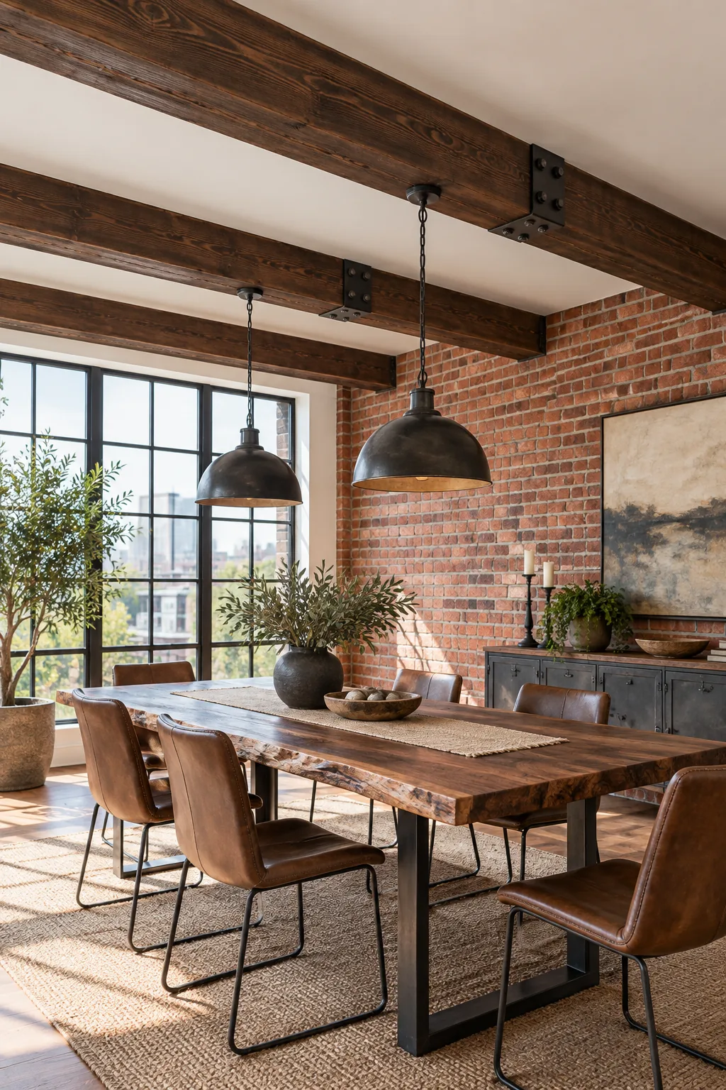 Dark walnut faux beams with heavy bolts in an industrial loft dining room with brick walls.