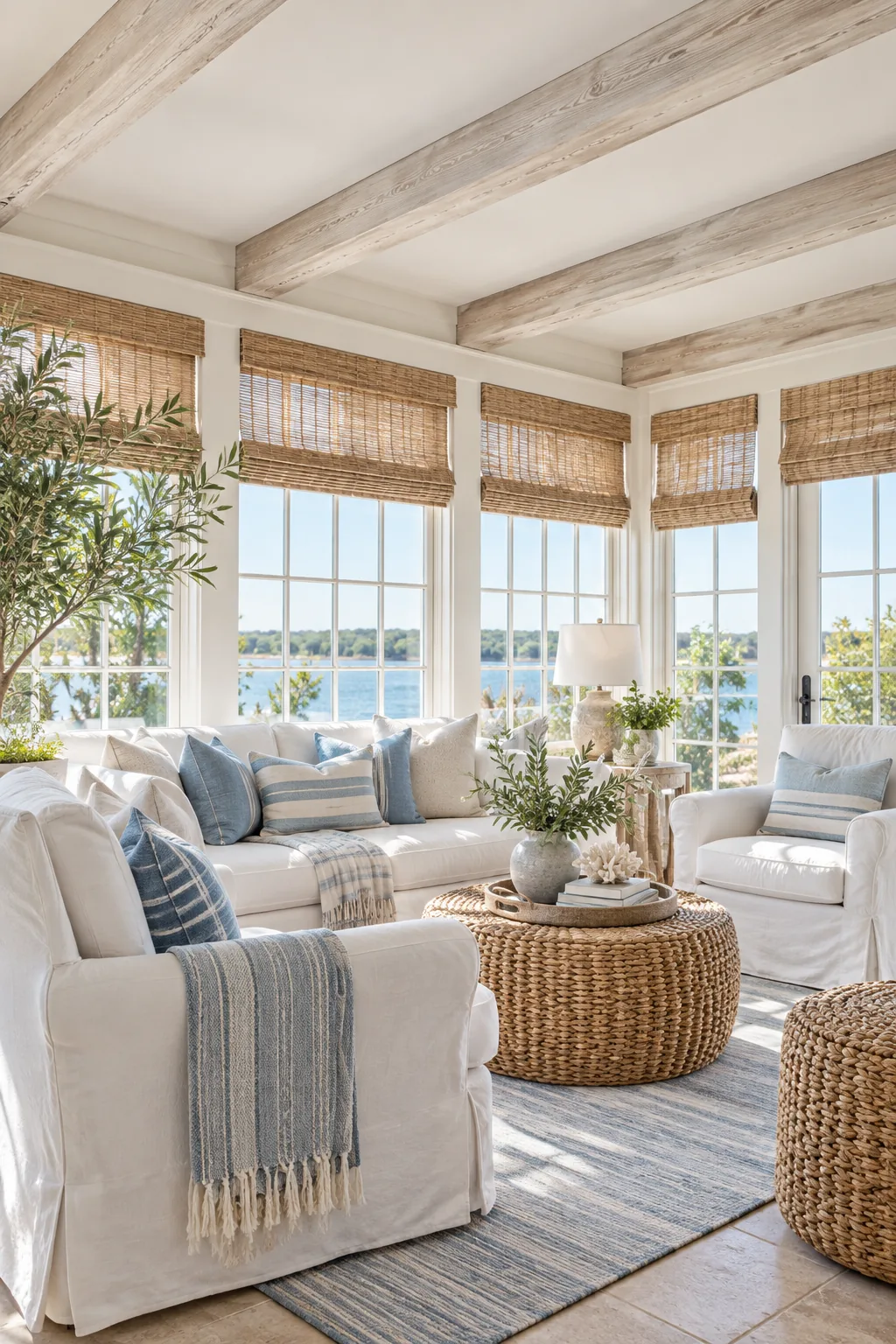 Whitewashed driftwood faux beams on the ceiling of a breezy coastal sunroom.