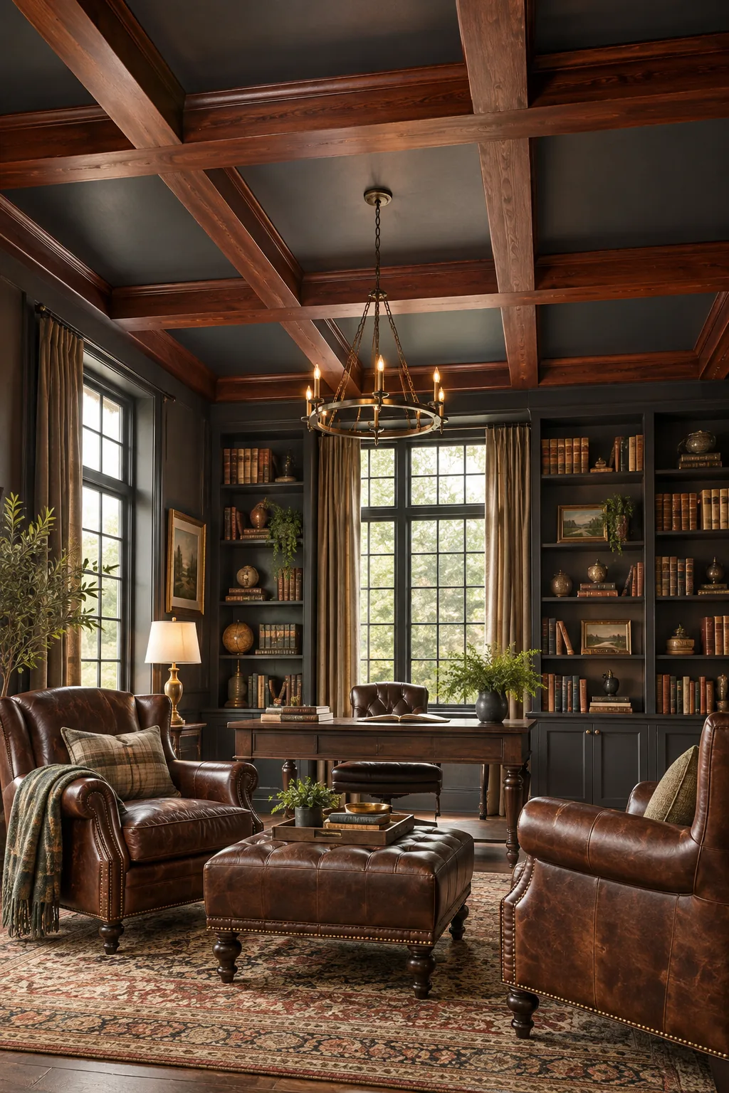 Rich mahogany stained faux beams forming a grid on a dark ceiling in a traditional study.