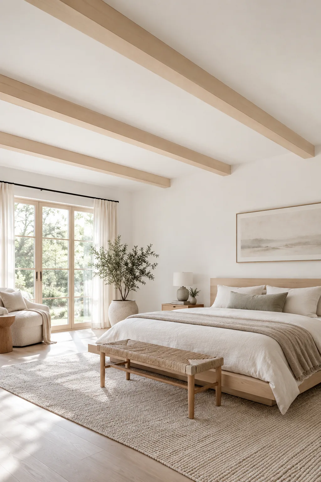 Smooth pale ash wood faux beams on a flat white ceiling in a minimalist bedroom.