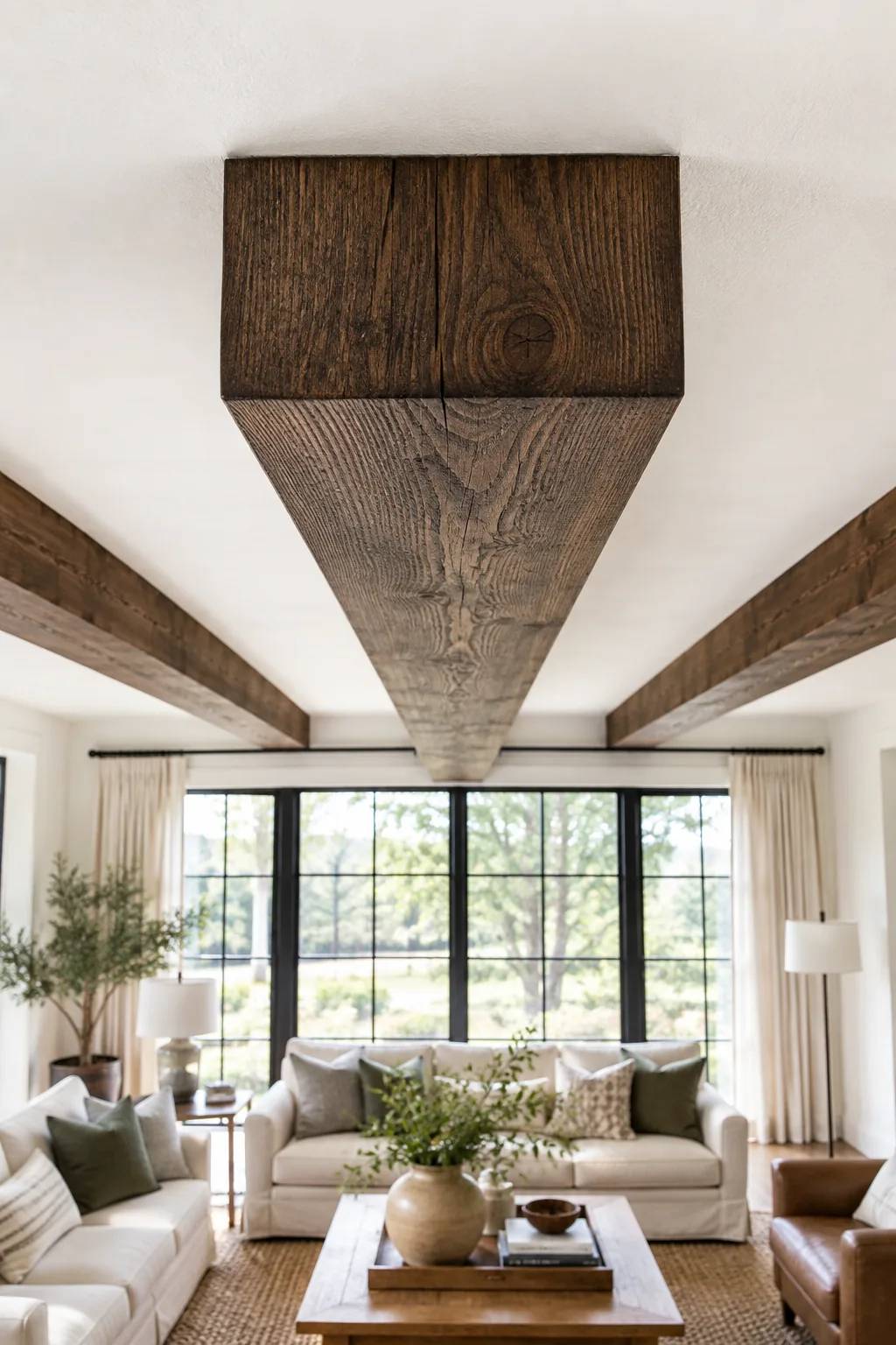A dark wood ceiling beam perfectly aligned with the center mullion of a large window.