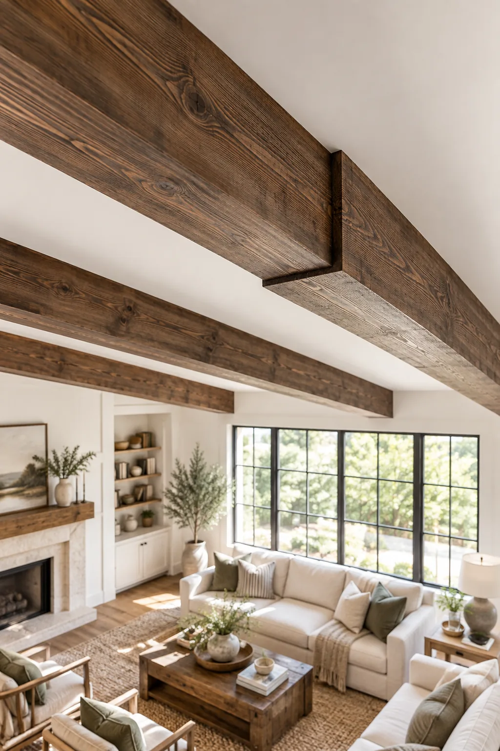 Close-up of a dark wood beam sitting flush and tight against a smooth white ceiling.