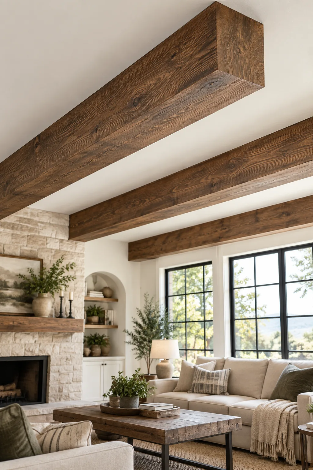 The underside and side profile of a finished hollow wood beam spanning a white ceiling.