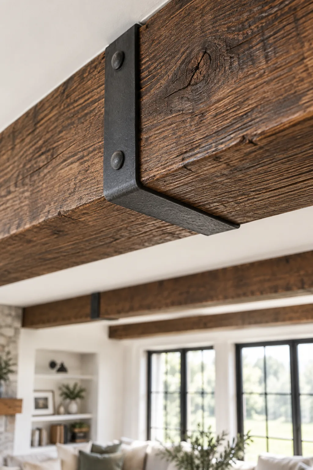 Close-up of deeply textured, wire-brushed pine wood stained in a dark walnut color.