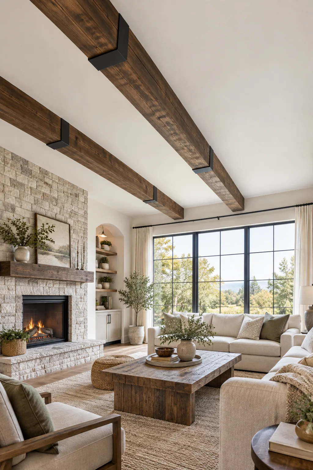 A matte black iron strap wrapped around a dark wood ceiling beam to hide a seam.