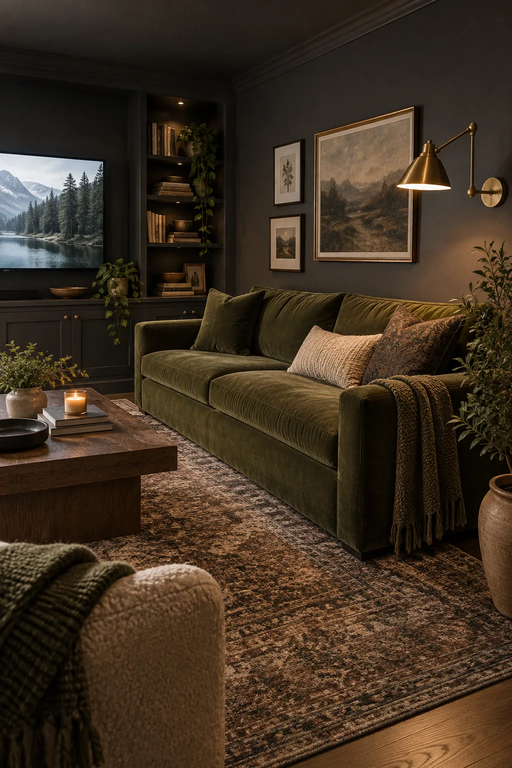 A dark charcoal living room with an olive green velvet sofa and a brass swing-arm wall sconce.