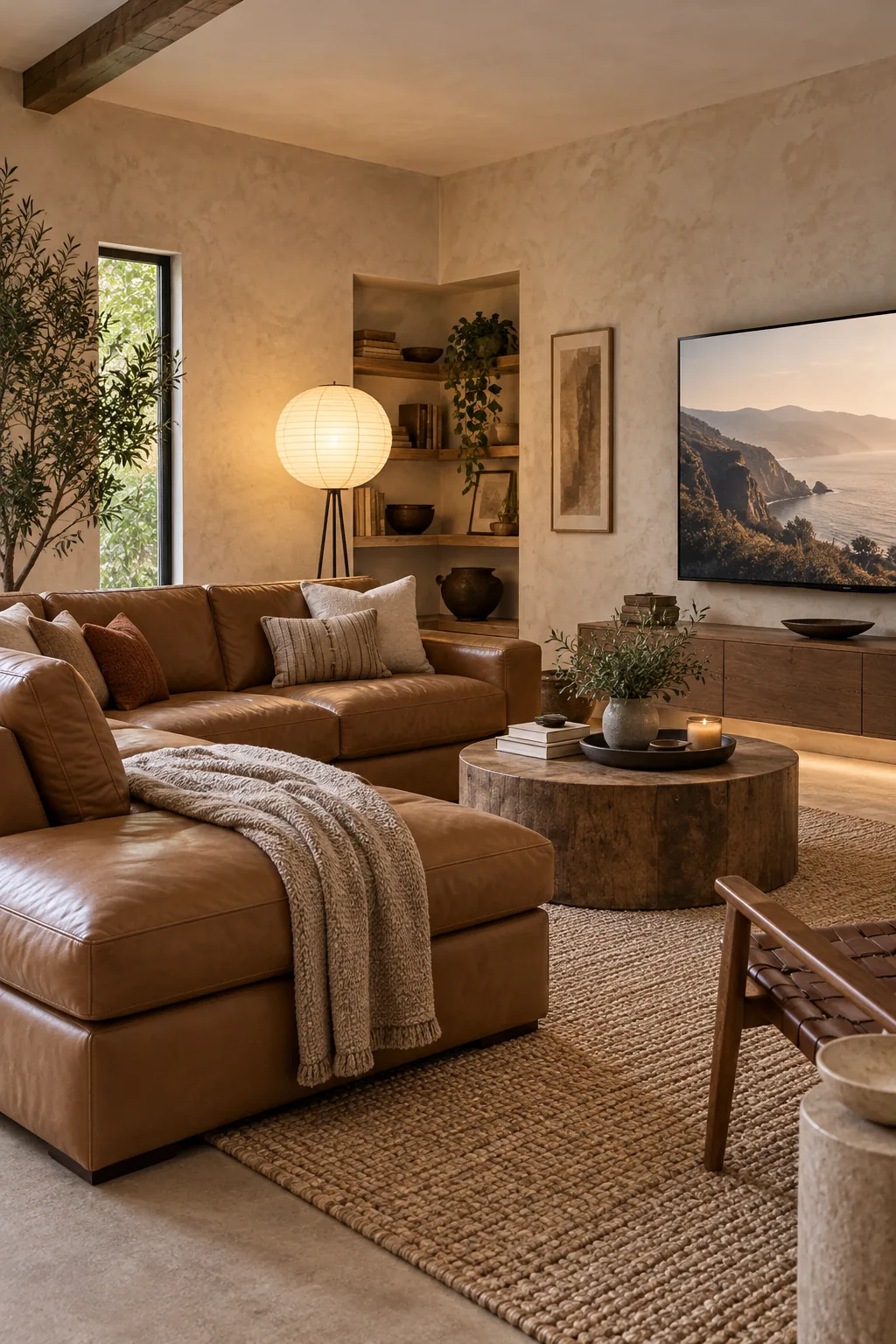 A living room with textured plaster walls, a camel leather sectional sofa, and a paper lantern floor lamp.