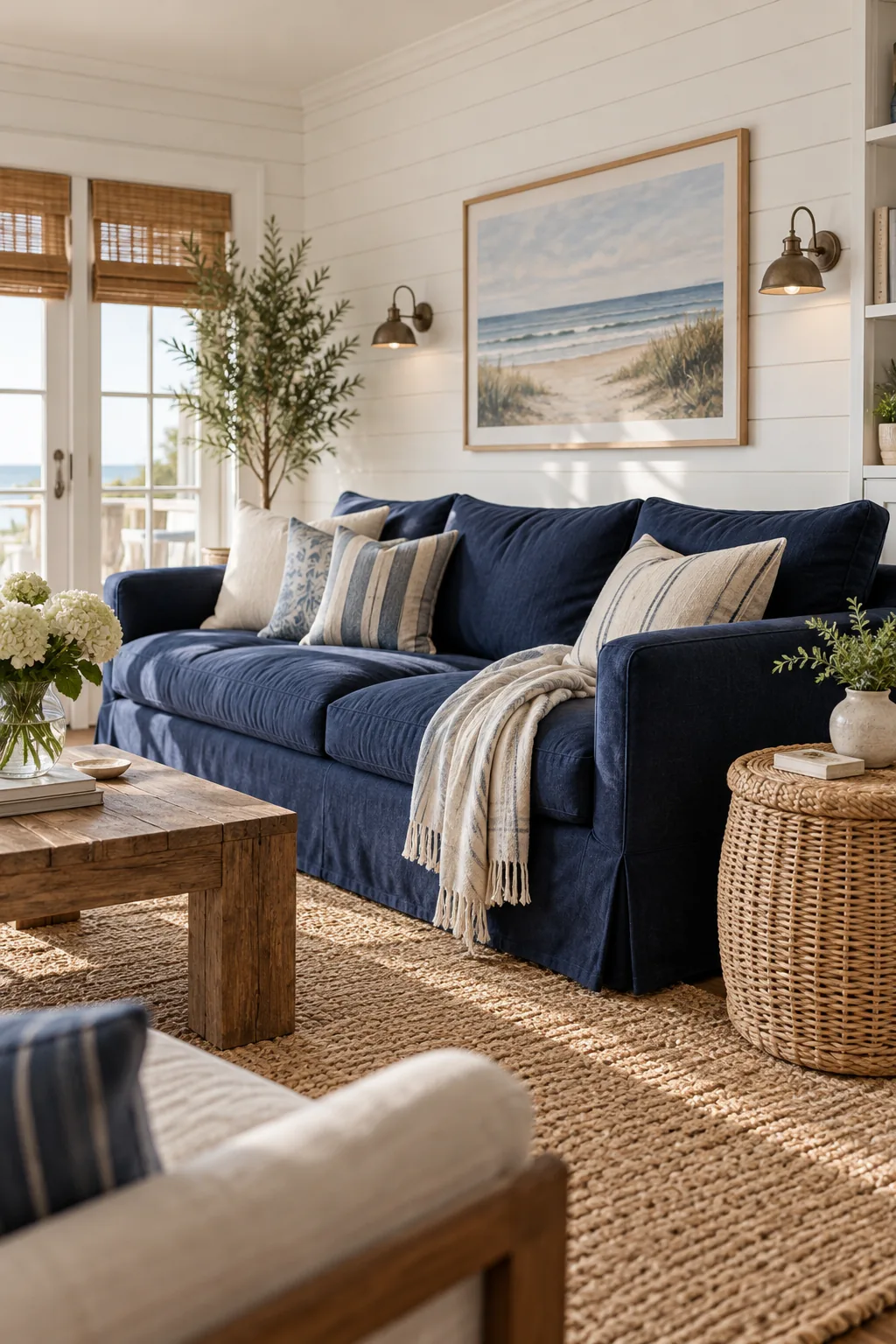 A living room with white shiplap walls, a slipcovered navy blue sofa, and a rattan side table.