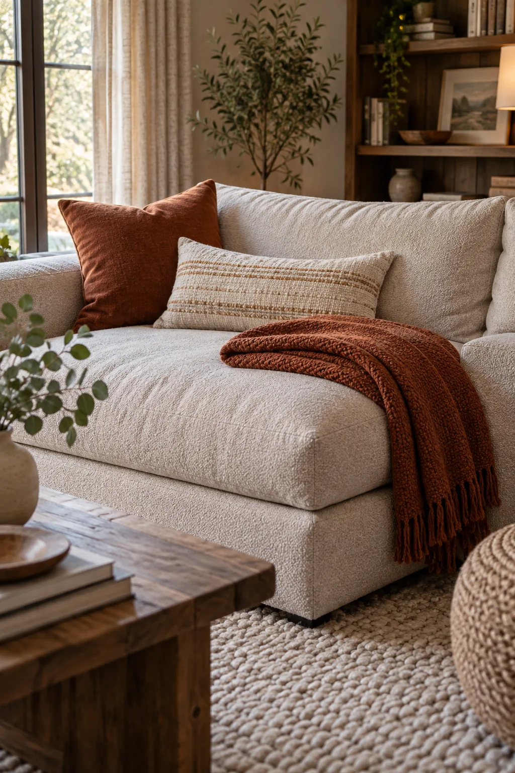 An elevated view of a deep oatmeal sofa cushion with a folded rust-colored throw blanket and a textured lumbar pillow.