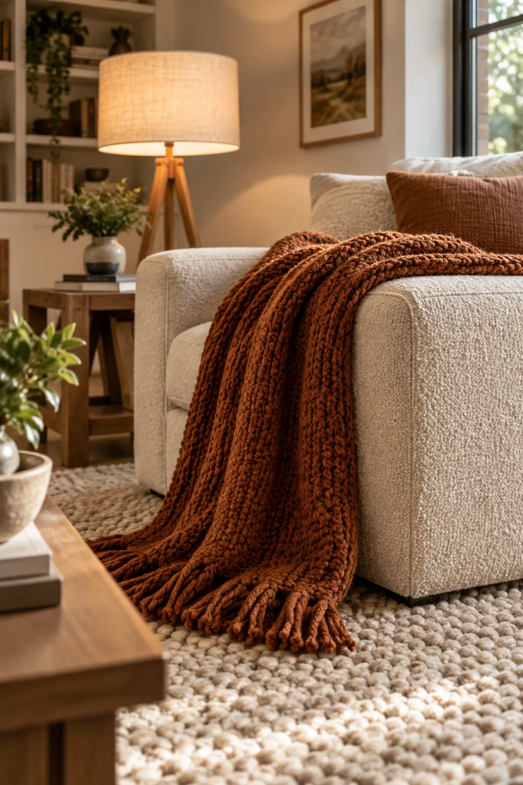 A close-up of a heavy rust-colored knit throw blanket draped over the arm of a textured oatmeal sofa, with a chunky wool rug below.
