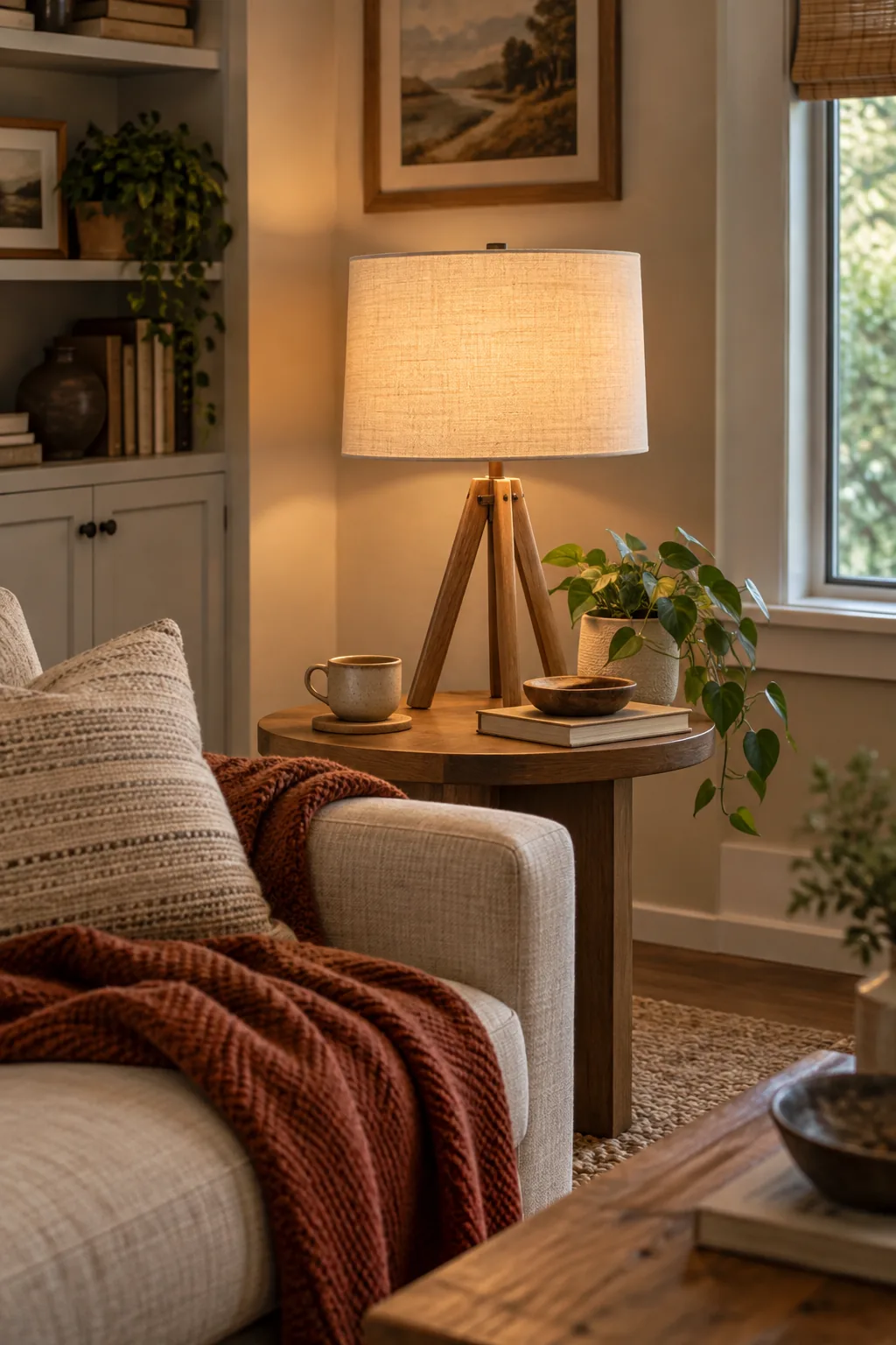 A glowing linen lampshade on a wooden tripod base, viewed from the height of the adjacent sofa.
