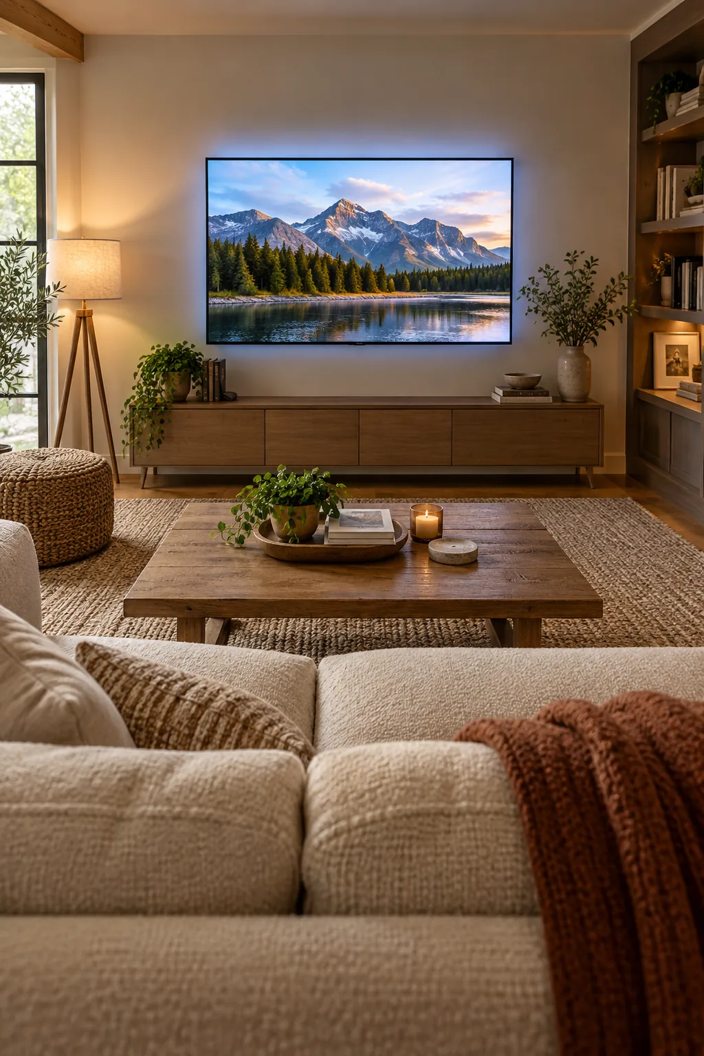 A view across a wooden coffee table toward a wall-mounted TV displaying a landscape, with a soundbar below it.