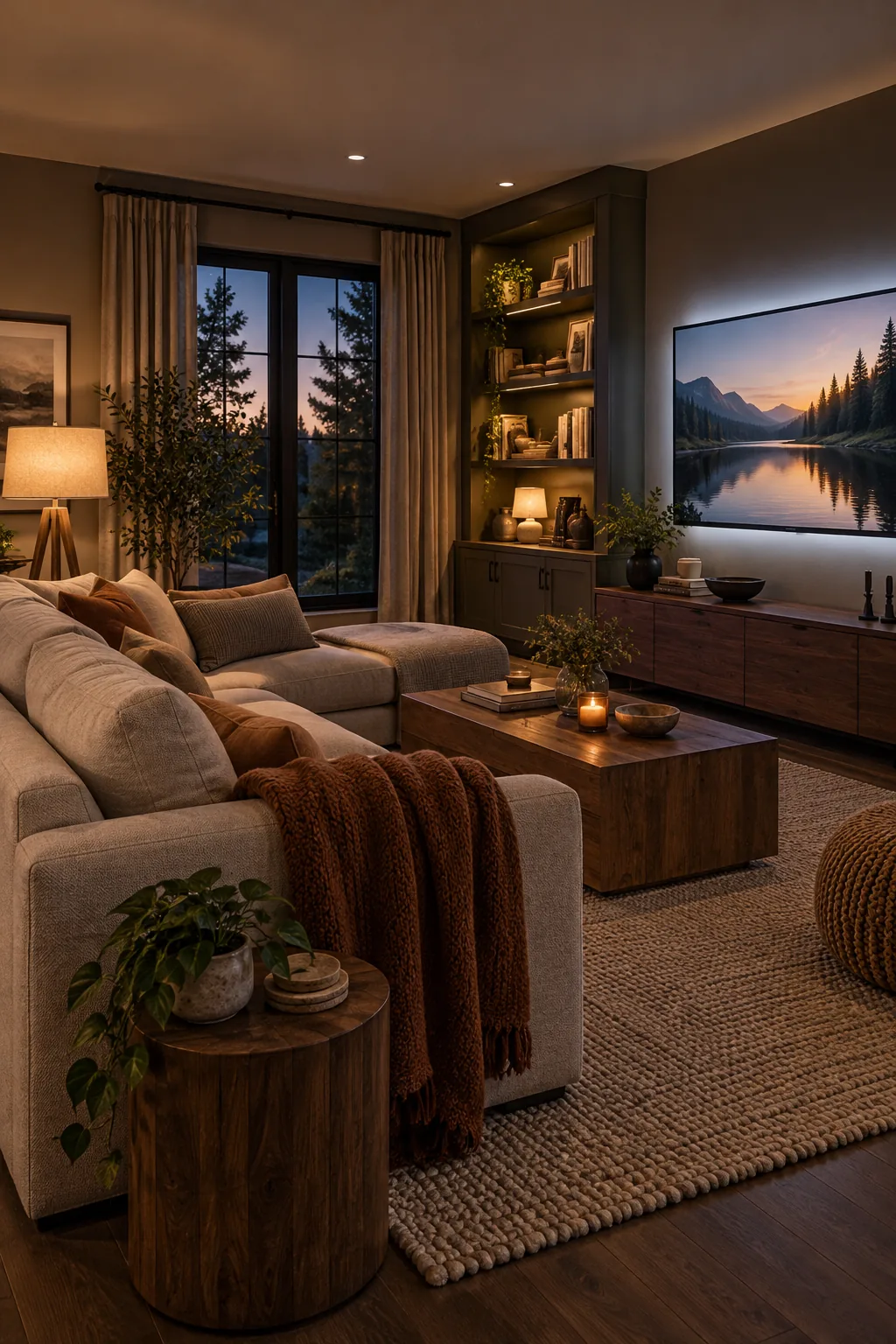 A complete living room at dusk featuring an oatmeal sofa, a lit side lamp, and a wall-mounted TV with a bright white backlight.