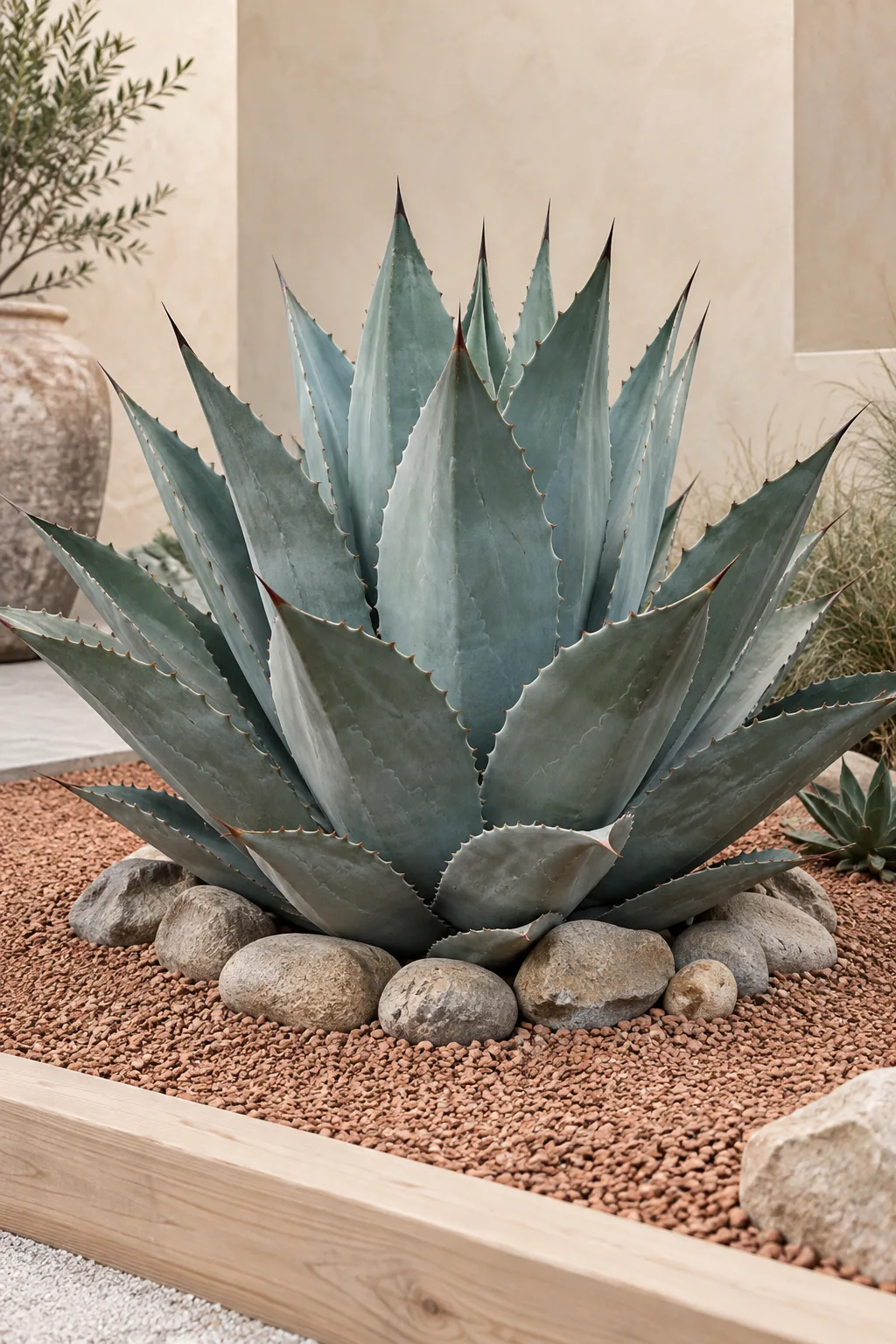 Large blue agave plant surrounded by terracotta gravel and river rocks