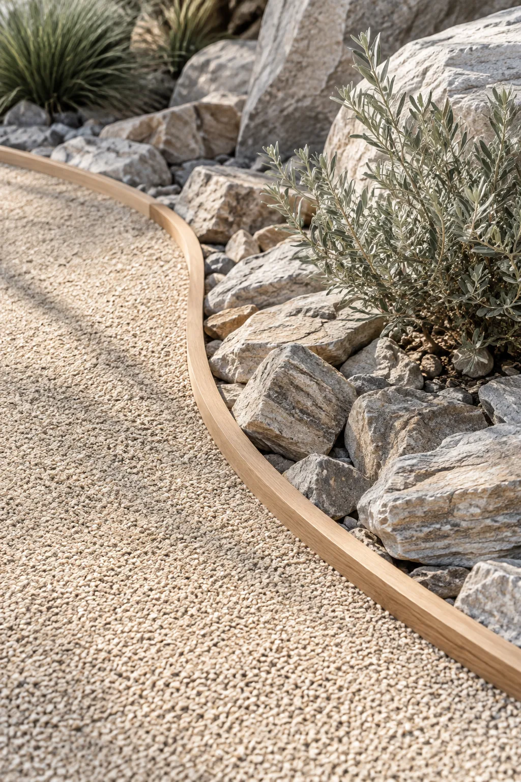 Yard with fine decomposed granite paths and chunky rocks near plant beds