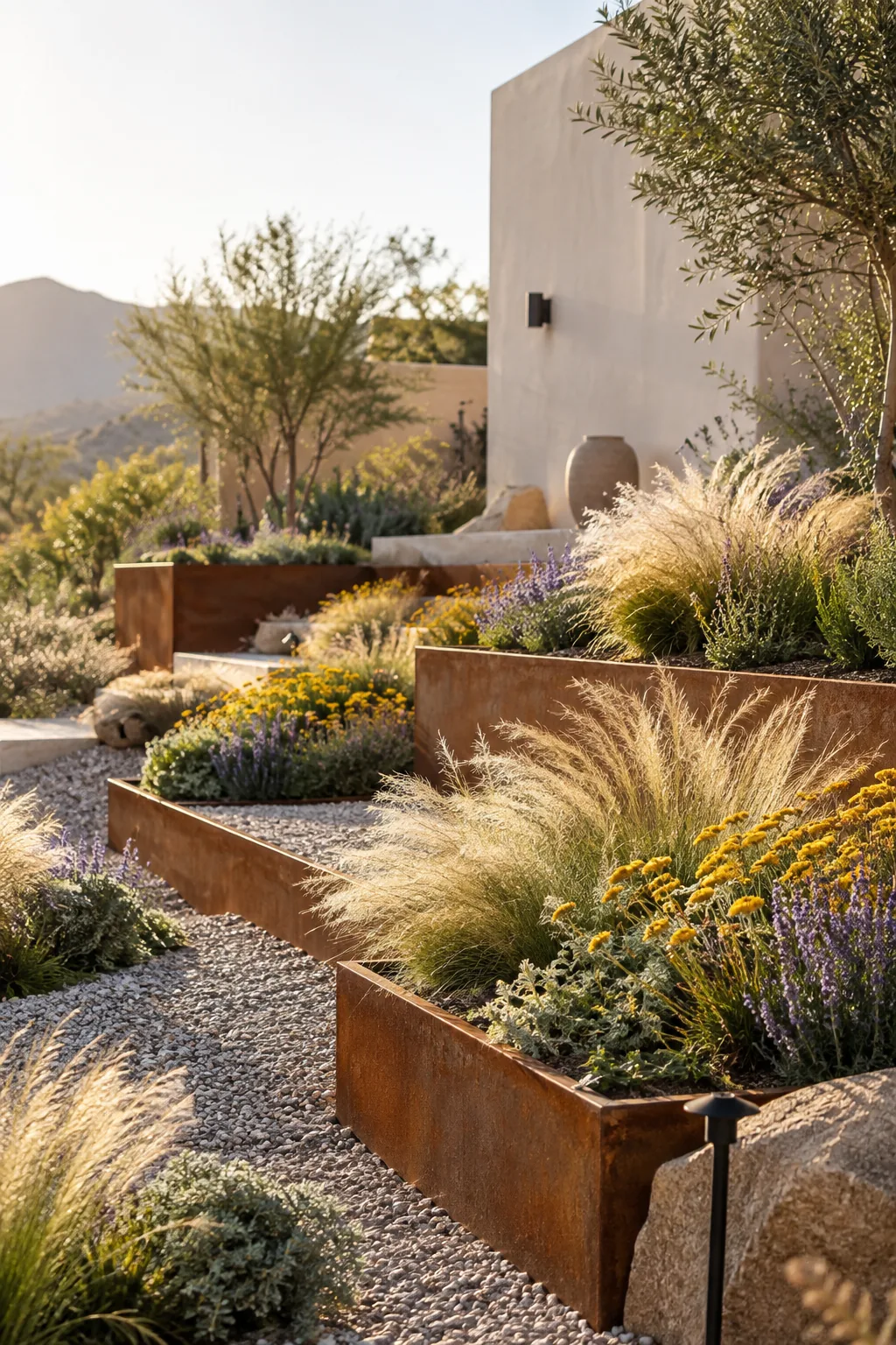 Rusted corten steel raised planters filled with desert grasses and cactus
