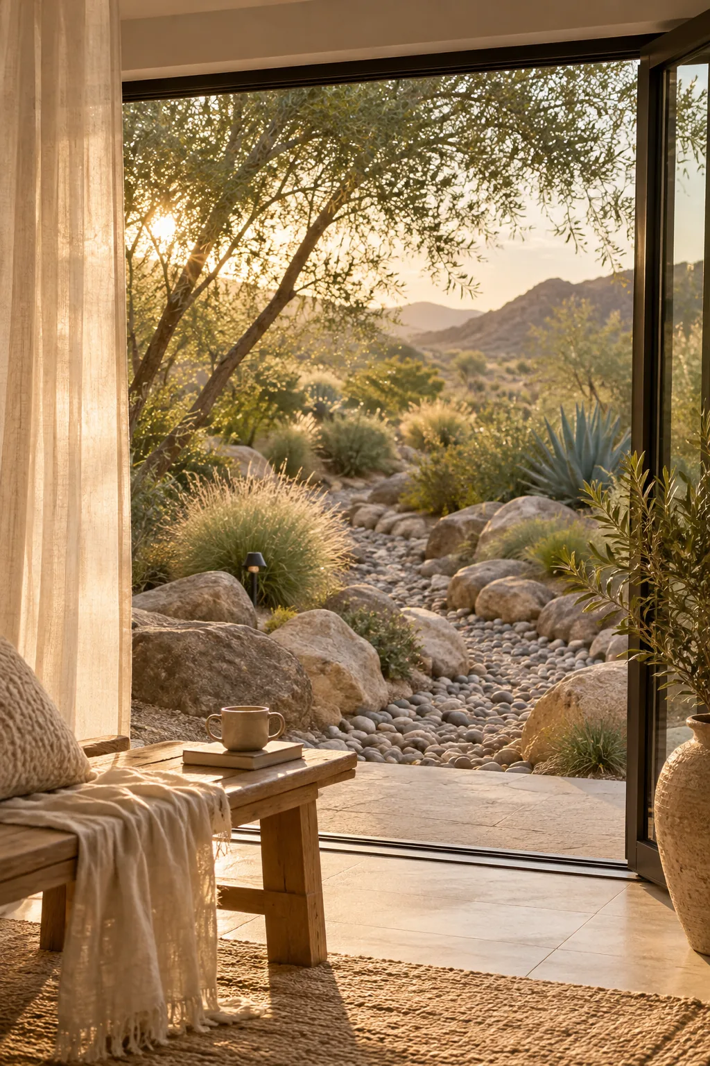 Dry creek bed made of smooth river cobble and large boulders in a yard