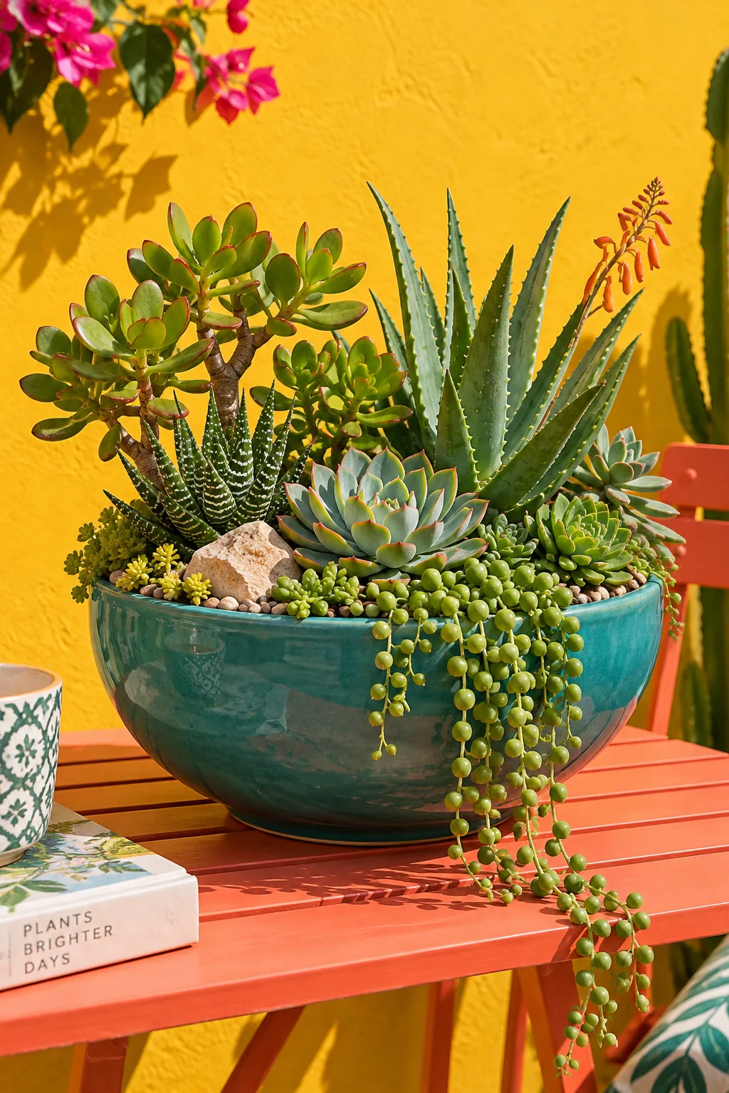 Low bowl planter filled with jade plants, aloes, and string of pearls