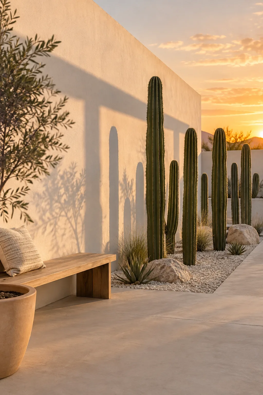 Row of tall San Pedro cacti planted against a white stucco wall